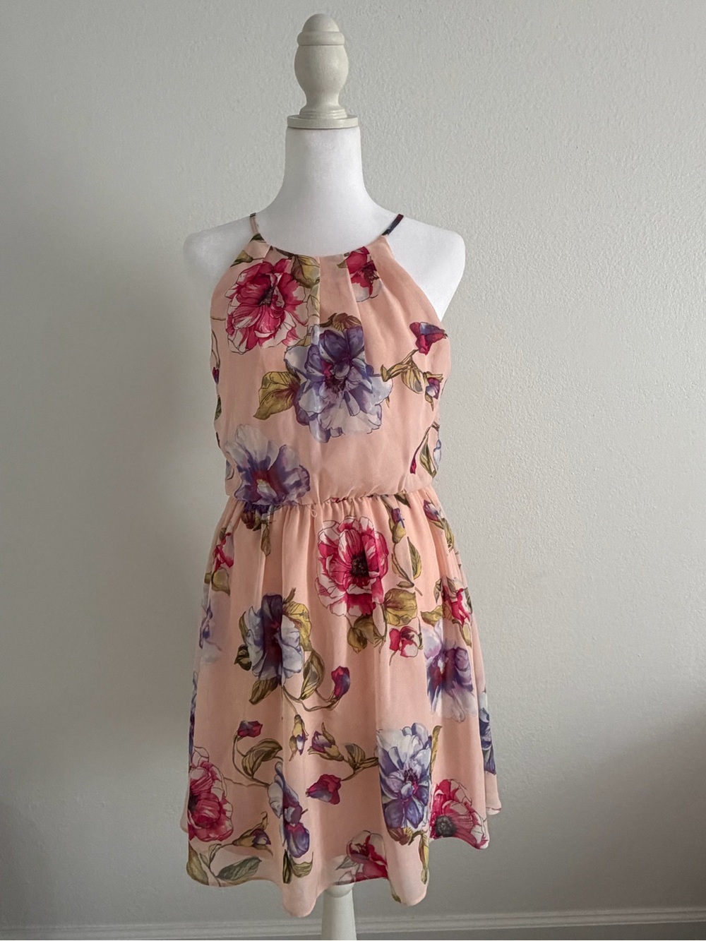 Iz Byer Peach Floral Midi Dress with Pink and Purple Blooms
